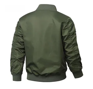 Back view of army green flight bomber jacket with ribbed cuffs and nylon fabric details