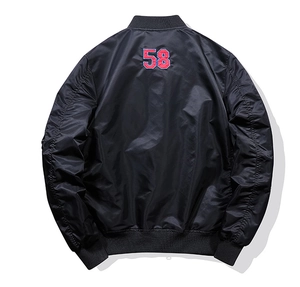Back view of black MA-1 bomber jacket featuring 58 embroidery and ruched sleeves