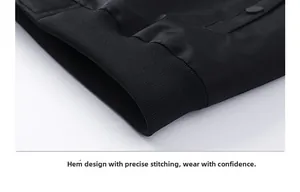 Detail of the knitted ribbed hem and neat stitching on this black flight jacket for men