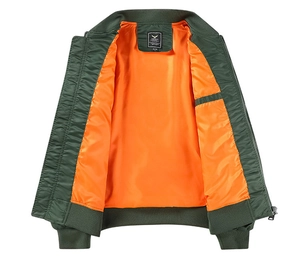 Detail view of military green bomber jacket with orange silk lining and inner pocket