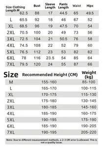 Size chart with measurements and weight recommendations for men's athletic sport sets