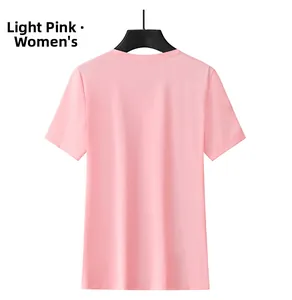Close-up of light pink modal ice silk t-shirt with premium round neck and breathable knit texture
