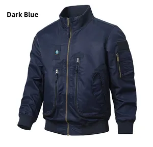 Detail view of navy blue MA-1 flight jacket with tactical sleeve pocket and rib knit collar