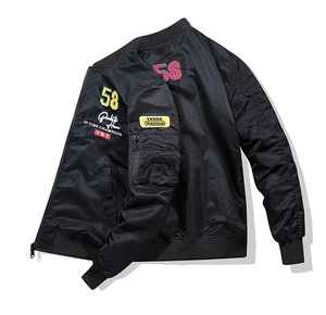 Detail of MA1 bomber jacket featuring embroidered number 58 and utility sleeve pocket