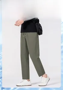 Pantalon décontracté en soie glacée vert olive pour homme avec taille élastique à cordon