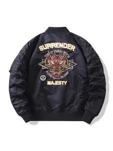 Men's black MA1 bomber jacket featuring intricate red dragon embroidery and ribbed cuffs