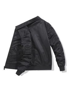 Classic black bomber jacket with satin finish and sleeve pocket on white background