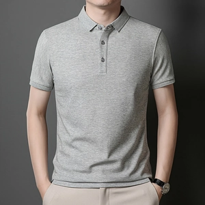 Men's short sleeve polo shirt in grey melange with premium mercerized cotton fabric