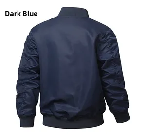 Rear view of a navy blue MA1 bomber jacket with ribbed cuffs and ruched sleeve detail