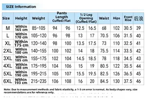 Detailed size chart for men's quick-dry ice silk pants ranging from size M to 6XL
