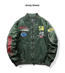 Detail of army green bomber jacket with racing patches and utility sleeve pocket