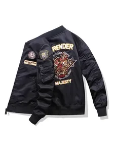 Men's black MA-1 bomber jacket featuring detailed dragon embroidery on back and sleeves