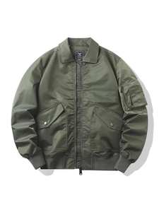 Army green military bomber jacket with zip-up design and ribbed cuffs in flat lay view