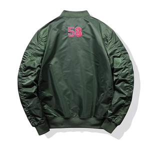 Back view of dark green bomber jacket with number 58 embroidery and pleated sleeve details