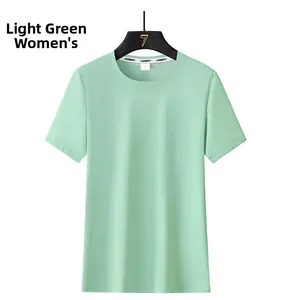 Detail of light green ice silk t-shirt for women with breathable knit fabric on hanger