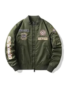 Army green MA1 bomber jacket with heavy embroidery and ribbed cuffs on white background