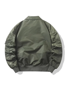 Army green bomber jacket for men, back view, features nylon fabric and sleeve zipper pocket
