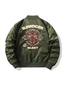Army green MA1 bomber jacket featuring detailed dragon embroidery on back for men