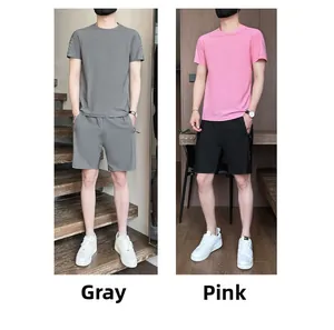 Detail view of quick-dry men's sports set featuring gray and pink ice silk breathable fabric