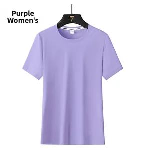 Close-up of purple crewneck T-shirt with breathable micro-hole fabric texture