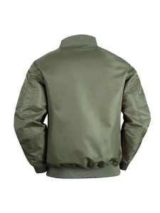 Army green flight bomber jacket back view with ribbed cuffs and utility sleeve pocket