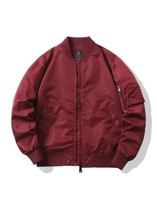 Burgundy MA1 bomber jacket for men featuring ribbed collar and functional arm pocket