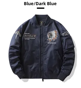 Détail du bomber MA-1 bleu marine avec broderie et poche utilitaire sur la manche