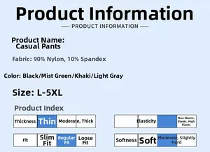 Tableau détaillé montrant les spécifications et tailles L-5XL du pantalon en soie glacée