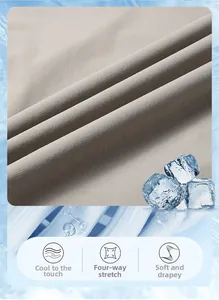 Close-up of beige ice silk fabric showing cooling texture, 4-way stretch and soft drape