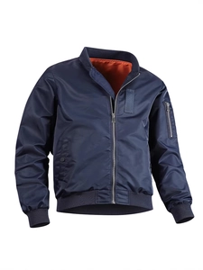 Navy blue men's bomber jacket with orange lining and rib-knit cuffs on white background