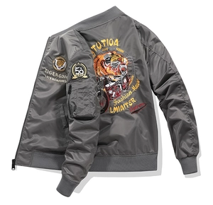 Detailed back embroidery of tiger and motorcycle on dark grey retro bomber jacket