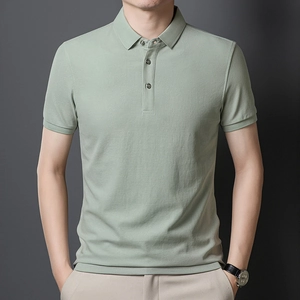 Men's polo shirt in light green mercerized cotton with ribbed cuffs and 3-button placket