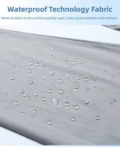 Macro shot of waterproof ice silk fabric showing water droplets on gray pants