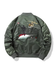 Army green MA1 bomber jacket with detailed military embroidery on the back view