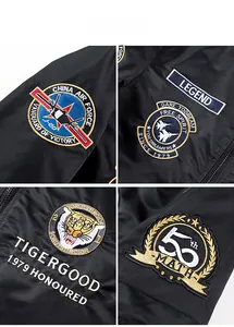 Detailed close-up of tactical bomber jacket featuring fighter jet and tiger embroidery