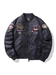Classic black MA-1 bomber jacket with military embroidery patches and flight pockets