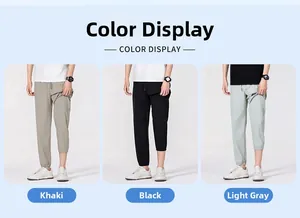 Three-color options for men's ice silk joggers in khaki, black, and light grey colors