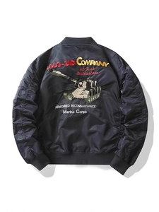 Men's black MA-1 bomber jacket featuring detailed military tank embroidery on back