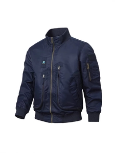 Men's navy blue MA-1 flight bomber jacket with tactical pockets and ribbed cuffs