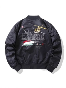 Black MA-1 flight jacket for men featuring detailed EZAPAC military embroidery on back