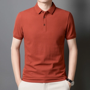 Short sleeve mercerized cotton men's polo shirt in brick red with ribbed cuffs