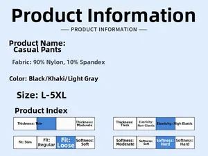 Size chart showing breathable ice silk pants specs with nylon and spandex fabric details