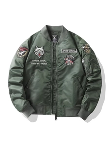 Army green bomber jacket with military embroidery badges and utility sleeve pocket