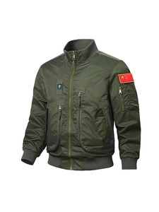 Army green MA1 bomber jacket for men featuring military patches and ribbed cuffs