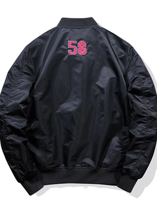 Classic black MA1 bomber jacket featuring embroidered 58 patch on back and ribbed trim