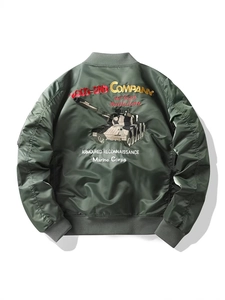 Army green bomber jacket with detailed tank embroidery and military text on the back