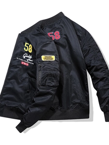 Men's black MA1 bomber jacket with detailed embroidery patches and zip sleeve pocket