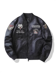Black pilot bomber jacket with military embroidery patches and tactical sleeve pocket