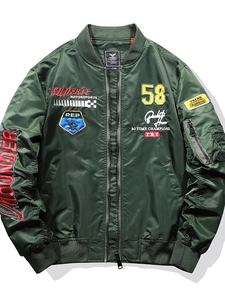 Military green MA1 bomber jacket with vintage racing patches and ribbed cuffs for men