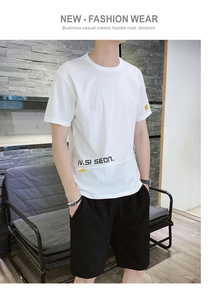 Detail of white ice silk T-shirt with black logo and matching casual sports shorts